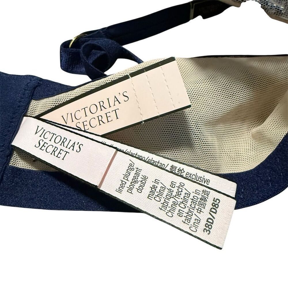 NWT Victoria's Secret Blue Beige Floral Lace Lined Plunge Bra 38D - Picture 11 of 12